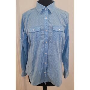 LL Bean Style Women’s Blue Polka Dot Shirt L Roll Tab Sleeves GUC
